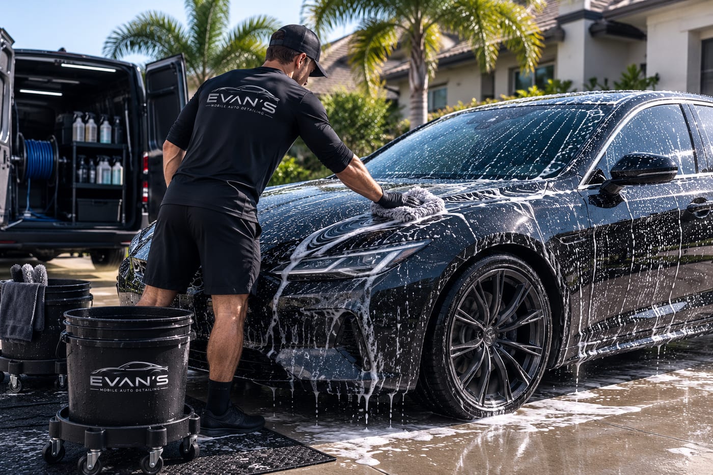 Evan washing a customer's sedan in their driveway, mobile detailing truck parked alongside